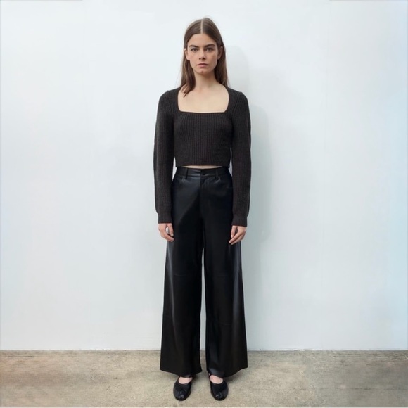 ZARA Ribbed Cropped Knit Top Square Neck Long Sleeve Charcoal Gray Medium - Picture 12 of 13